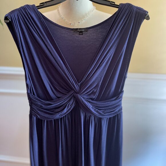 Soprano Dress Size 8 Navy Blue Soft Synthetic Like Jersey Sleeveless Low V Front - Picture 2 of 7